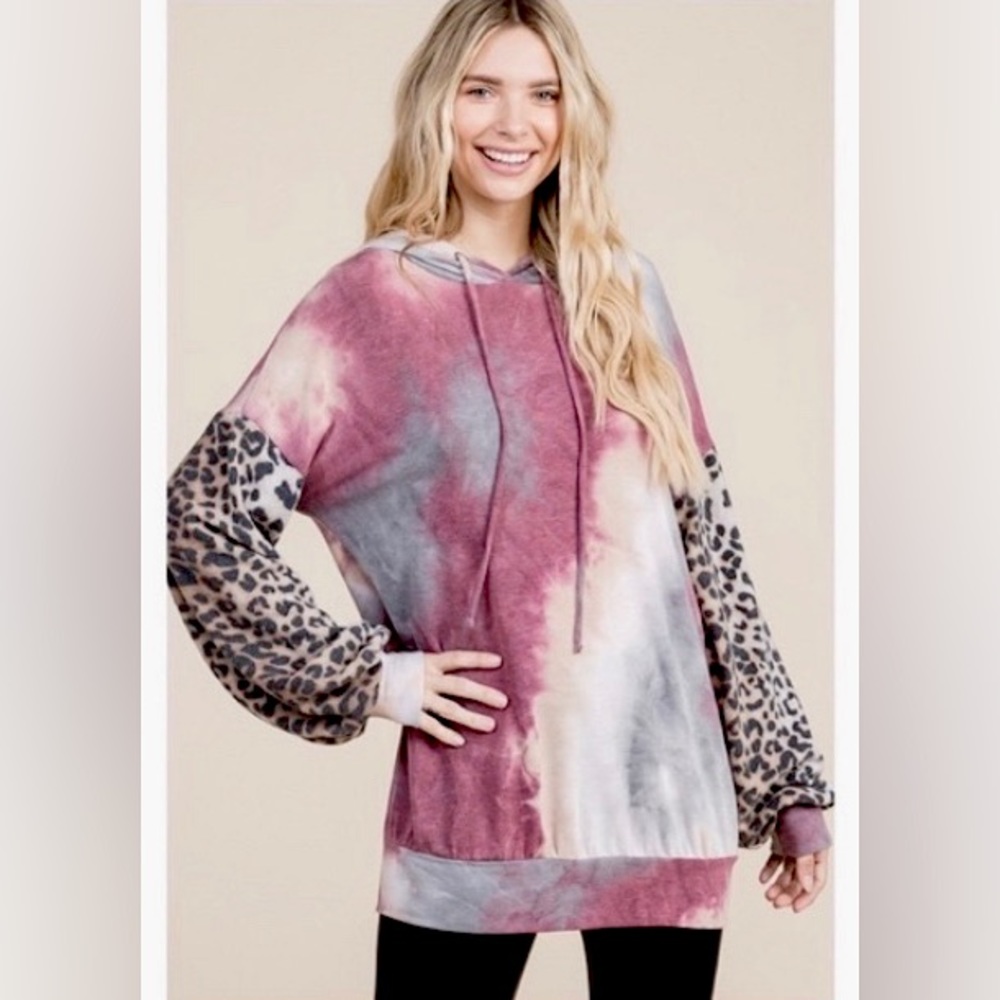 #2002 Tie Dye Half Sleeve Leopard Mix Long Sleeve Hoody
